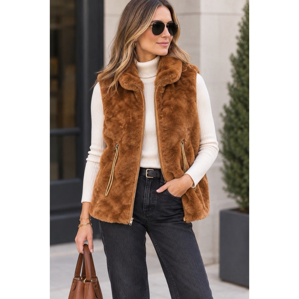 Philosophy Women's Brown Faux Fur Vest Size XL Full Zip Lined Pockets Mid-Length